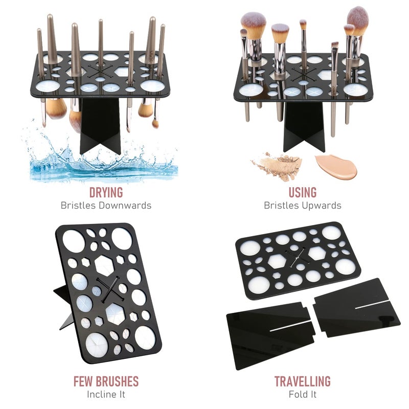 Diolan Makeup Brush Cleaning Mat & Drying Rack - 28 Holes Brush Holder, Silicone Rubber Clover Shaped Mat Cleaner - Black & Pink - Image 5